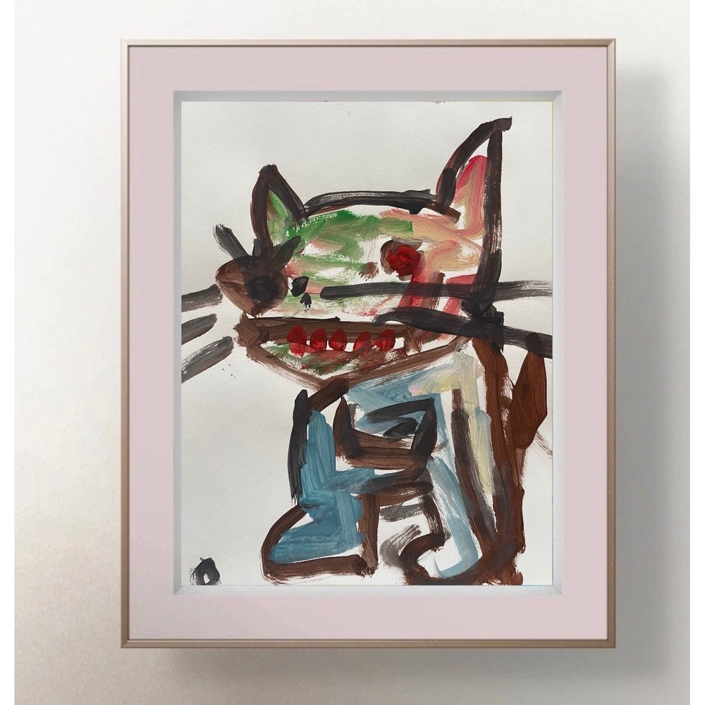 Oman Original Neo Expressionism Cat Dog Abstract Animal Painting Fine Art 8.5x11